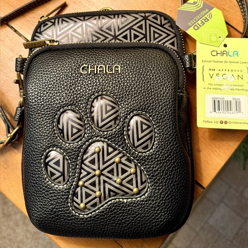 Chala Black and Gray Crossbody Bag with Geometric Paw Design